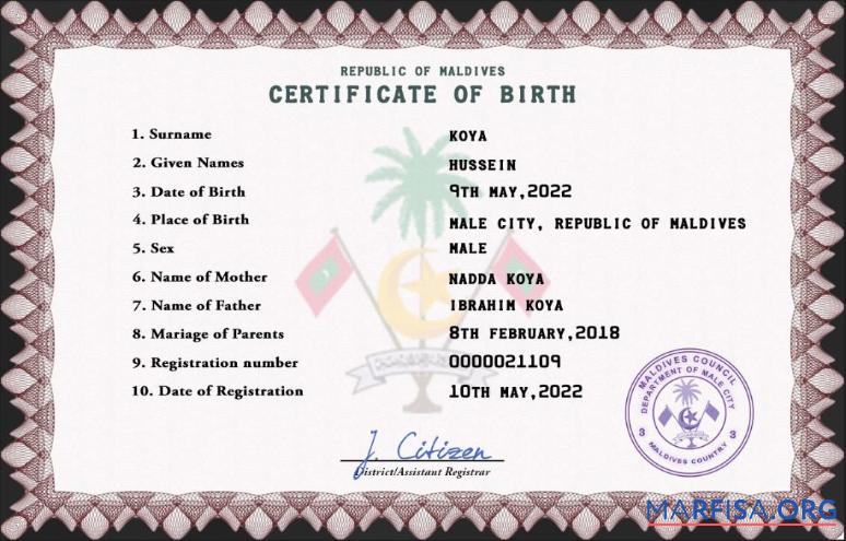 Downloadable Maldives vital record birth certificate PSD template